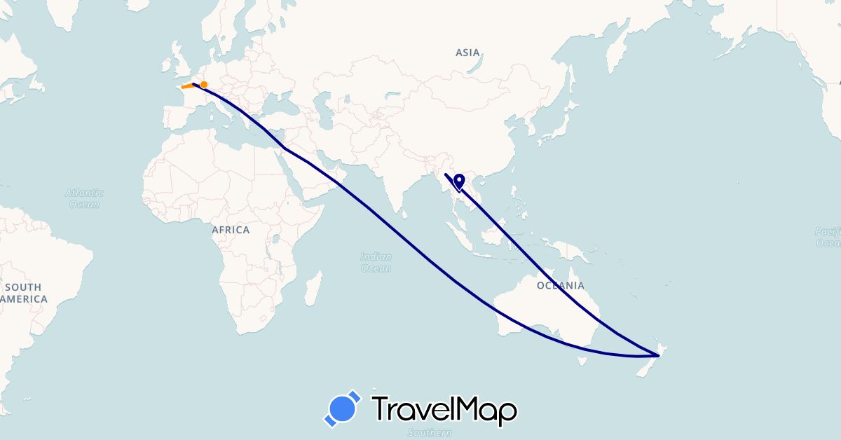 TravelMap itinerary: driving, hitchhiking in France, Jordan, Myanmar (Burma), New Zealand, Thailand (Asia, Europe, Oceania)